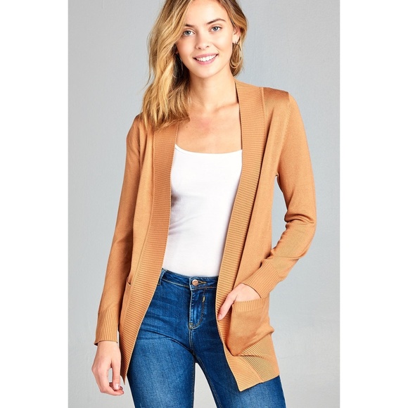 Sweaters - Bronze Yellow Open Style Pocket Cardigan